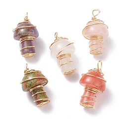 Light Gold Natural & Synthetic Gemstone GuaSha Stone Pendants, with Eco-Friendly Copper Wire Wrapped, Mushroom, Light Gold, 28x17mm, Hole: 2.5mm