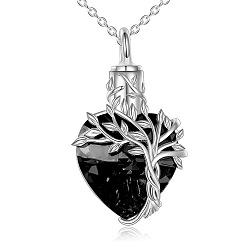 Black Heart with Tree of Life Glass Urn Pendant Necklaces, Stainless Steel Chain Necklaces, Black, 21.65 inch(55cm)