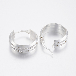 Silver 304 Stainless Steel Hoop Earrings, with Rhinestone, Silver Color Plated, 25x23x9mm, Pin: 1x0.8mm