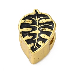 Черный Латунь эмаль европейские шарики, бусины с большим отверстием, без кадмия и без свинца, долговечный, реальный 18 k позолоченный, лист, чёрные, 13x9.5x8 мм, отверстие : 5 мм