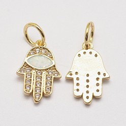 Real 18K Gold Plated Brass Cubic Zirconia Charms, with Synthetic Opal, Hamsa Hand/Hand of Fatima/Hand of Miriam with Horse Eye, Real 18K Gold Plated, Cadmium Free & Lead Free, 15x10x2mm, Hole: 4.5mm