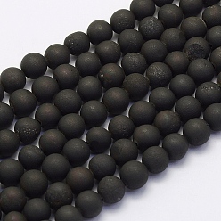 Black Plated Electroplate Natural Druzy Agate Beads Strands, Dyed, Round, Frosted, Black Plated, 12mm, Hole: 1mm, about 32pcs/strand, 15.7 inch(40cm)