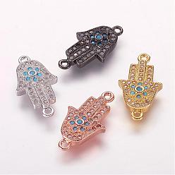 Mixed Color Brass Micro Pave Cubic Zirconia Links, Hamsa Hand/Hand of Fatima/Hand of Miriam, Mixed Color, 18x10x3mm, Hole: 1mm