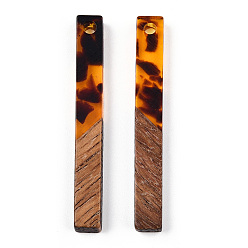 Dark Orange Transparent Resin & Walnut Wood Pendants, with Gold Foil, Rectangle Charms, Dark Orange, 40x5x4mm, Hole: 2mm