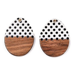 White Printed Opaque Resin & Walnut Wood Pendants, Egg Charm with Polka Dot Pattern, White, 37.5x28.5x3.5mm, Hole: 3mm