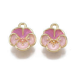 Pink Brass Enamel Charms, Nickel Free, Real 18K Gold Plated, Flower, Pink, 12x10.5x4mm, Hole: 1.5mm