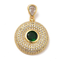 Green Brass Micro Pave Cubic Zirconia Pendants, Long-Lasting Plated, Real 18K Gold Plated, Flat Round, Green, 42.5mm, Hole: 8x4mm