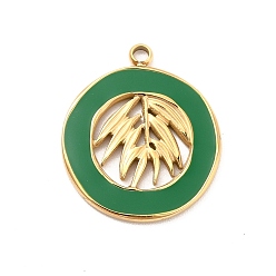 Green 304 Stainless Steel Enamel Pendants, Golden, Flat Round with Leaf Charm, Green, 18x16x1mm, Hole: 1.6mm