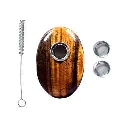 Tiger Eye Natural Tiger Eye Filter Funnels, Smoke Compressor, Tobacco Pipe Accessories, with Brush, Oval, 60x40mm