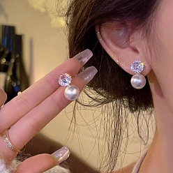Platinum Flat Round Alloy Rhinestone Stud Earrings, Plastic Beads Earrings with 925 Sterling Silver Pins, Platinum, 50x50mm