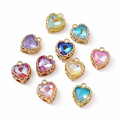 Mixed Color Heart K9 Glass Charms, Faceted, with Light Gold Tone Brass Edge, Mixed Color, 14.5x12x5.5mm, Hole: 1.6mm