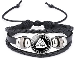 Triangle Cowhide & Imitation Leather Triple Layer Multi-strand Bracelets, Alloy Glass Rune Words Odin Norse Viking Amulet Adjustable Bracelet, Triangle, 7-1/8~10-1/4 inch(18~26cm)