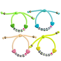Mixed Color Luminous Acrylic Heart Stretch Bracelet for Kids, Glow In The Dark Word Love Mama Smile Sweet Adjustable Bracelet for Kids, Mixed Color, Inner Diameter: 1-3/4 inch(4.5cm)