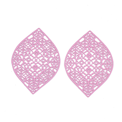 Pearl Pink 430 Stainless Steel Filigree Pendants, Spray Painted, Etched Metal Embellishments, Leaf, Pearl Pink, 41x28x0.5mm, Hole: 1mm