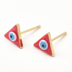 Roja Aretes de triángulo esmaltado con mal de ojo, joyas de latón chapado en oro real 18k para mujer, rojo, 8x9 mm, pin: 0.8 mm