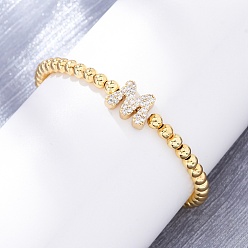 Letter M Латунные круглые бусины эластичные браслеты, Подвеска в виде буквы из латуни с микропаве из прозрачного кубического циркония для женщин, без свинца и без кадмия, стойки покрытие, реальный 18 k позолоченный, Буква М, внутренний диаметр: 2~2-1/8 дюйм (5~5.5 см)