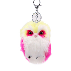 Champagne Yellow Imitation Rabbit Fur Owl Pendant Keychain, with Random Color Eyes, Cute Animal Plush Keychain, for Key Bag Car Pendant Decoration, Champagne Yellow, 15x8cm