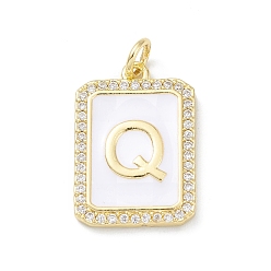Letter Q Brass Enamel Micro Pave Clear Cubic Zirconia Pendants, with Jump Ring, Real 18K Gold Plated, Rectangle Charm, Letter Q, 20x13.5x2mm, Hole: 3.4mm