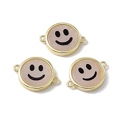 Rose Quartz Natural Rose Quartz Connector Charms, Flat Round with Smiling Face Links, with Rack Plating Golden Tone Brass Findings, Cadmium Free & Lead Free, 15.5x20x3mm, Hole: 1.6mm