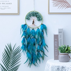 Deep Sky Blue Tree of Life Natural Apatite Chips Woven Web/Net with Feather Decorations, for Home Bedroom Hanging Decorations, Deep Sky Blue, 160mm
