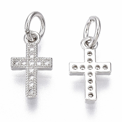 Real Platinum Plated Brass Micro Pave Cubic Zirconia Tiny Cross Charms, with Jump Ring, Nickel Free, Clear, Real Platinum Plated, 12x7x1.5mm, Hole: 3mm