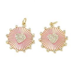 Pink Латунные микропаве прозрачные подвески с фианитом, красной эмалью, плоские круглые и сердечные подвески, стойки покрытие, долговечный, реальный 18 k позолоченный, розовые, 22x20x2 мм, отверстие : 3.5 мм