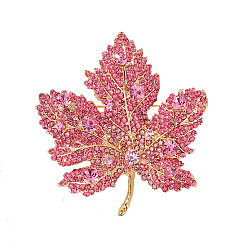 Light Rose Autumn Maple Leaf Light Gold Alloy Rhinestone Brooch Pins, for Sweaters Coats, Light Rose, 50x47mm