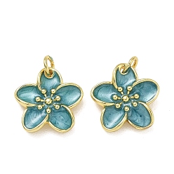 Golden Brass Enamel Pendants, Flower Charms, Rack Plating, Long-Lasting Plated, Cadmium Free & Lead Free, Golden, 15.5x15.5x3.7mm, Hole: 3mm