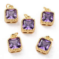 Purple Real 18K Gold Plated Brass Inlaid Cubic Zirconia Charms, with Jump Ring, Long-Lasting Plated, Square, Purple, 9.5x7x4mm, Jump Ring: 4x0.5mm, 2.5mm Inner Diameter