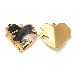 Black 304 Stainless Steel Enamel Pendants, with Rhinestones, Real 18K Gold Plated, Heart Charm, Black, 19x20x2.5mm, Hole: 1.5mm