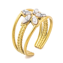 Синтетическая Бирюза Цветок 304 открытые манжетные кольца из нержавеющей стали с ионным покрытием (IP), женские кольца с синтетической бирюзой, 12 мм, регулируемый