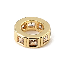 PeachPuff Brass Pave Cubic Zirconia European Beads, Flat Round, Large Hole Beads, Rack Plating, Long-Lasting Plated, Lead Free & Cadmium Free, Real 18K Gold Plated, PeachPuff, 8.5x3mm, Hole: 5mm