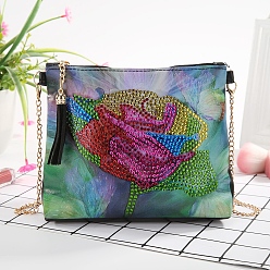 Flower DIY Zipper Crossbody Bag Diamond Painting Kits, including PU Leather Bags, Resin Rhinestones, Diamond Sticky Pen, Tray Plate and Glue Clay, Rectangle, Rose Pattern, 150x180mm