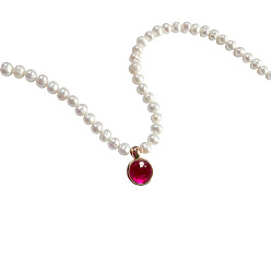 Фуксиновый Стеклянные плоские круглые ожерелья с подвесками в стиле камня, с цепочками из бисера с имитацией жемчуга, красно-фиолетовые, 15.75 дюйм (40 см)