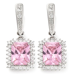 Бледно-Розовый Прямоугольные серьги-кольца с паве из кубического циркония из латуни для женщин, платина, розовый жемчуг, 34x14 мм