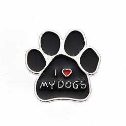 Black Alloy Enamel Brooches, Enamel Pins, with Brass Butterfly Clutches, Dog Paw Prints with Word I Love My Dogs, Cadmium Free & Nickel Free & Lead Free, Platinum, Black, 1x1 inch(24.5x25mm), Pin: 1mm