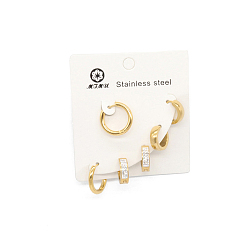 Golden 3 Pair 3 Style Titanium Steel Thick Hoop Earrings for Women, Golden, 2.5~4mm, 1 Pair/style