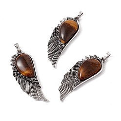 Тигровый глаз Большие подвески из сплава натурального тигрового глаза, без свинца и без кадмия, крыло, античное серебро, 57.5x21.5x7.5 мм, отверстие : 6x5 мм