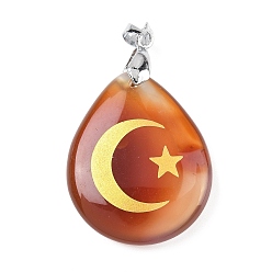 Красный Агат Подвески из натурального сердолика (окрашенные и нагретые), с реечной обшивкой латунными выводами, без кадмия и без свинца, подвеска в виде капли, луны и звезды, 31x25x5~7 мм, отверстие : 4.5x4 мм