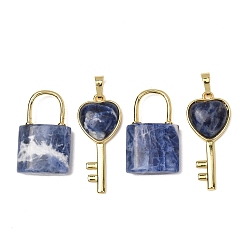 Sodalite Natural Sodalite Beaded Pendants, Lock and Key Charms, with Golden Brass Findings, 31.5~32.5x20~20.5x7.5mm, Hole: 11x12mm