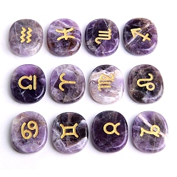 Amethyst 12Pcs Natural Amethyst Engraved 12 Constellation Oval Display Decoration, Reiki Healing Stone Ornament, 25x20x6mm