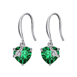Dark Green Cubic Zirconia Heart Dangle Earrings, Real Platinum Plated Rhodium Plated 925 Sterling Silver Earrings for Women, Dark Green, 26mm