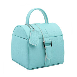 Pale Turquoise PU Imitation Leather Jewelry Storage Boxes, Portable Travel Case with Mirror and Handle, for Necklace, Ring Earring Holder, Gift for Women, Pale Turquoise, 10x10.8x10.1cm
