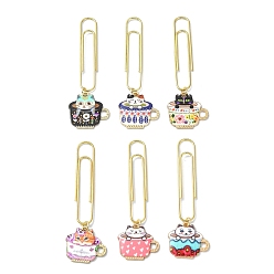 Mixed Color Cup with Cat Alloy Enamel Pendant Bookmarks, Iron Long Paper Clips, Mixed Color, 69.5~72.5mm, 6pcs/set