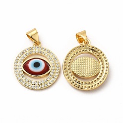 Dark Red Rack Plating Real 18K Gold Plated Brass Micro Pave Clear Cubic Zirconia Pendants, with Handmade Lampwork, Cadmium Free & Lead Free, Long-Lasting, Flat Round with Evil Eye, Dark Red, 20x17.5x3.5mm, Hole: 5.5x4mm