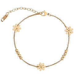 Golden Titanium Steel Daisy Flowers Ankle with Box Chains for Women, Golden, 7-1/2 inch(19cm)