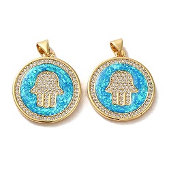 Real 18K Gold Plated Brass Micro Pave Cubic Zirconia with Synthetic Opal Pendants, Flat Round with Hamsa Hand, Real 18K Gold Plated, 24.5x21.5x2.5mm, Hole: 5x3.5mm