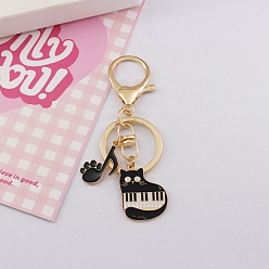 Black Zinc Alloy Enamel Cat with Piano & Musical Note Pendant Keychain, for Bag Car Key Decoration, Black, 9cm