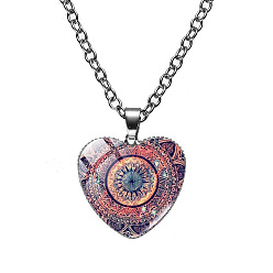 Salmon Glass Heart with Mandala Flower Pendant Necklace, Platinum Alloy Jewelry for Women, Colorful, 19.69 inch(50cm)