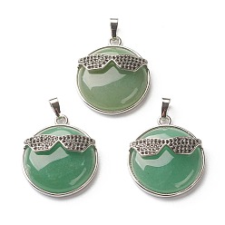 Green Aventurine Natural Green Aventurine Pendants, with Platinum Tone Brass Findings, Flat Round with Glasses, 32~32.5x27.5x9mm, Hole: 6.5x5mm